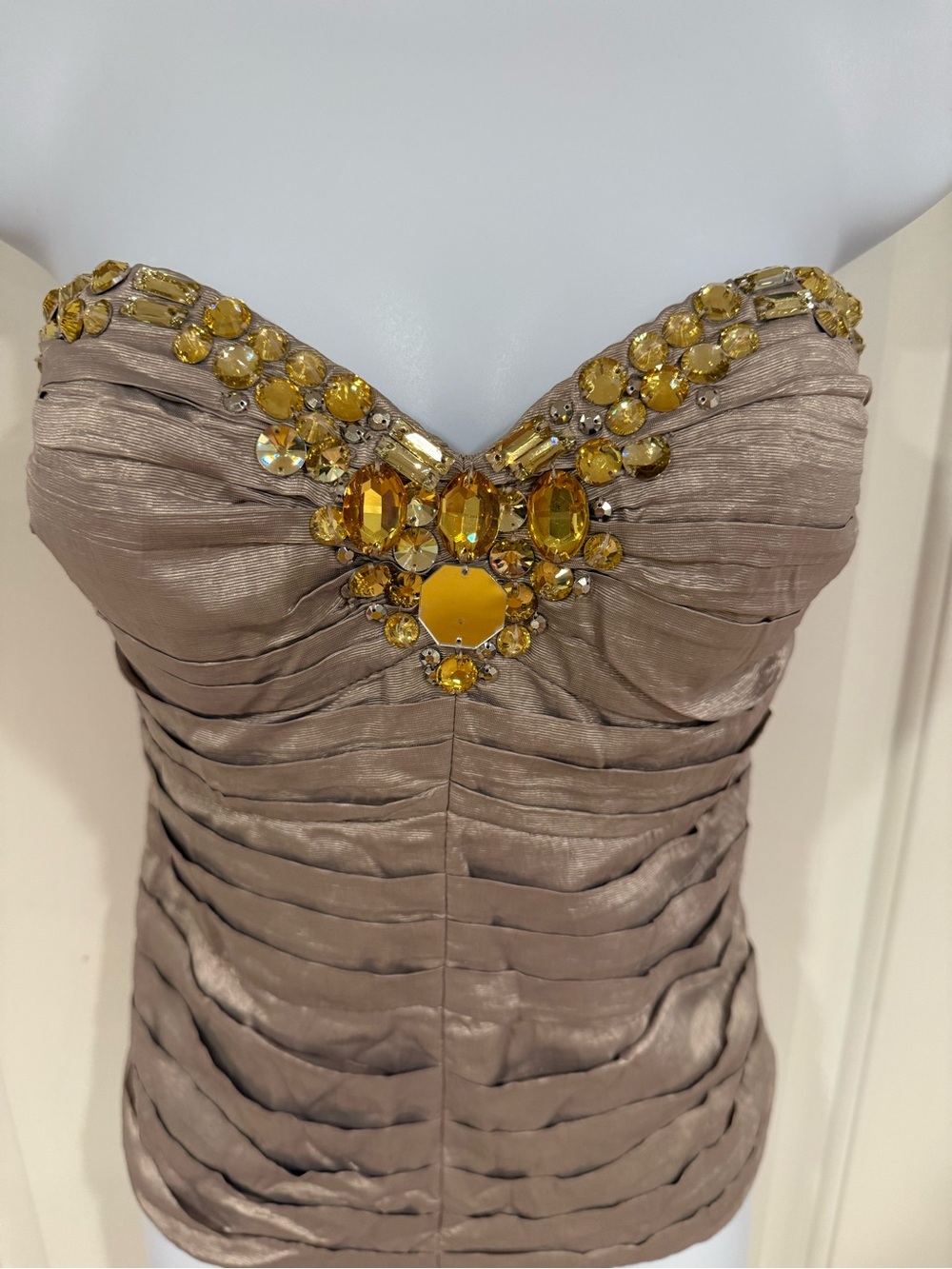 Bebe strapless corset Taupe Ruched Top with gold Gem Embellishment / size small - Picture 2 of 6
